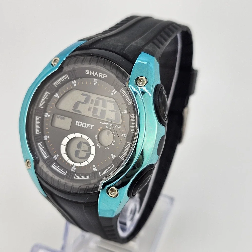 Sharp Men's Digital Watch 45MM Black Plastic Bands‎ New Battery LIGHT VERY WEAK